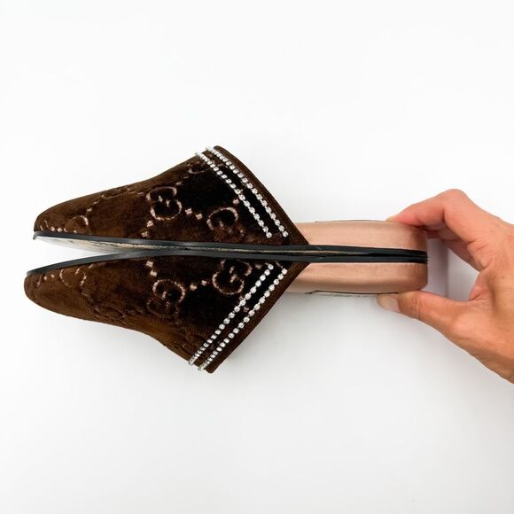 Gucci GG Brown Velvet Crystal Mules Slippers Loafers EU 38 US 8 - Picture 9 of 12